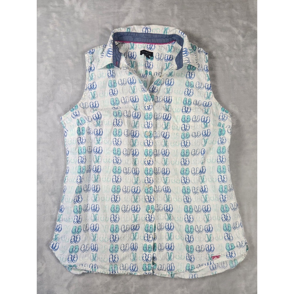 Talbots Sleeveless Button Down Blouse Shirt Flip Flops Sandals Novelty Print 4 M